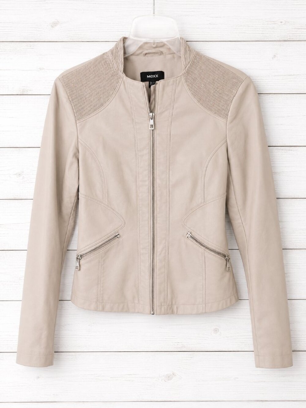 Mexx Faux Leather Moto Jacket Cream Ivory Zip Front Women's Size 8 Sku#17